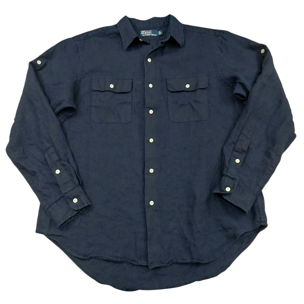 Polo Ralph Lauren Linen Shirt Mens Large Black Roll Tab Sleeve Utility Travel